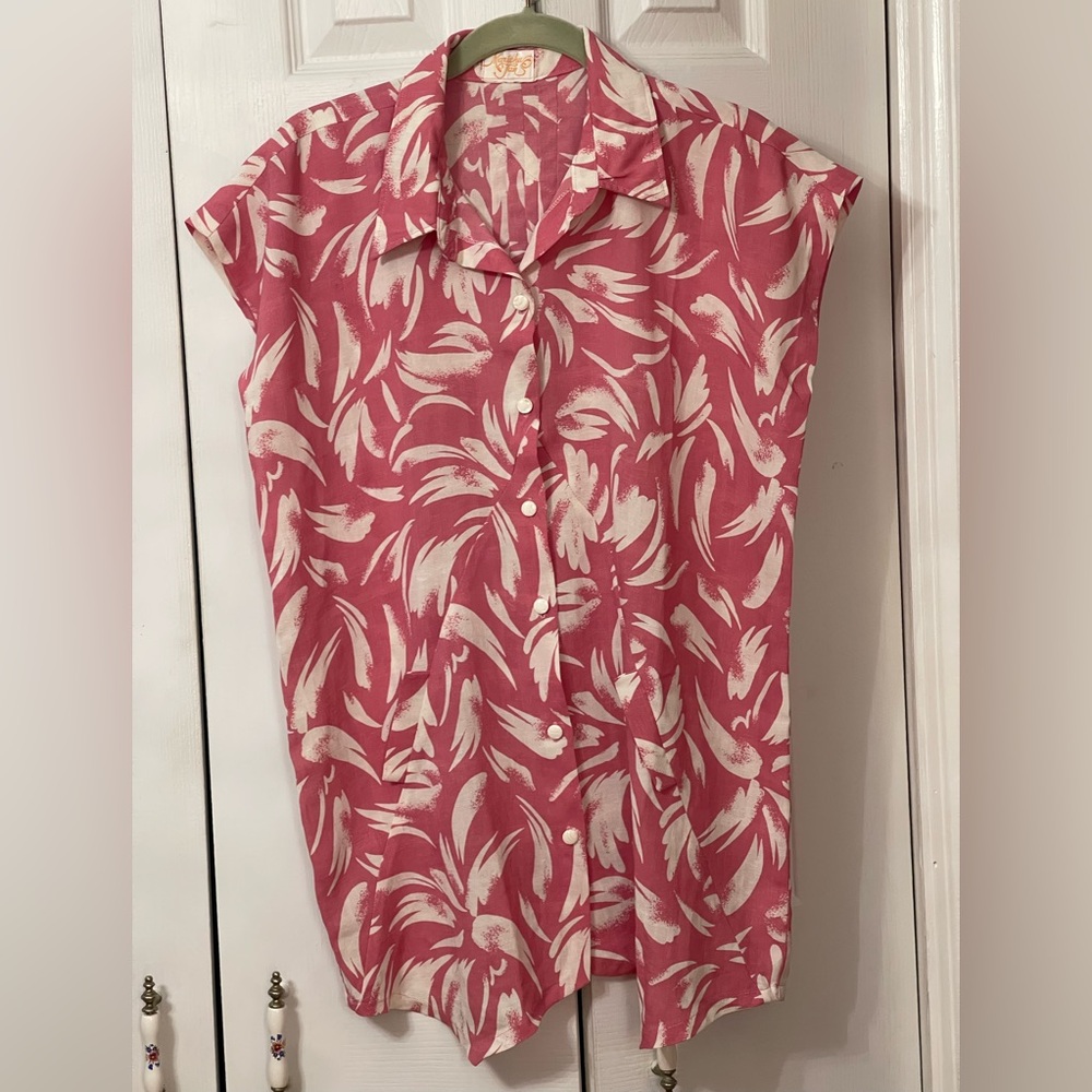 Marichu Pink & White Short Sleeve Blouse size L PTP 21 Length 30